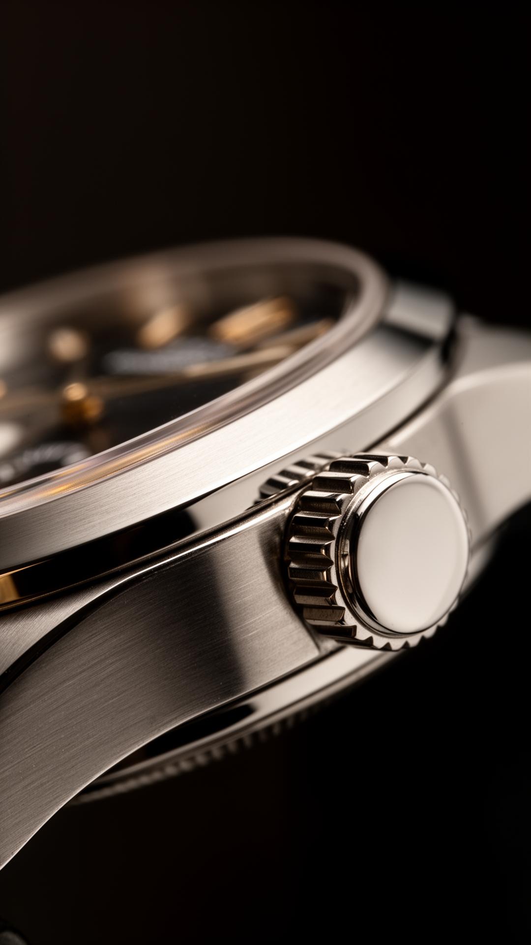 Macro detail of a luxury watch case and crown