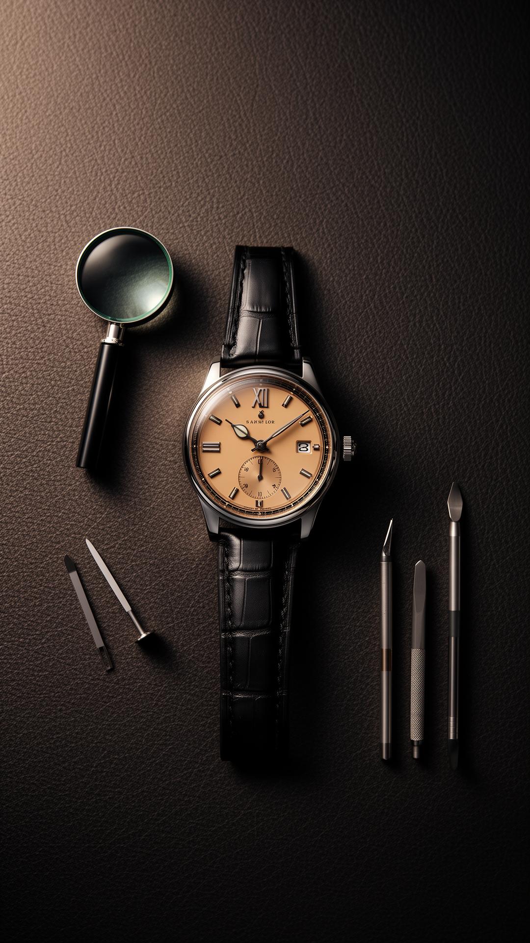 Luxury watch with loupe and watchmaker tools on dark leather